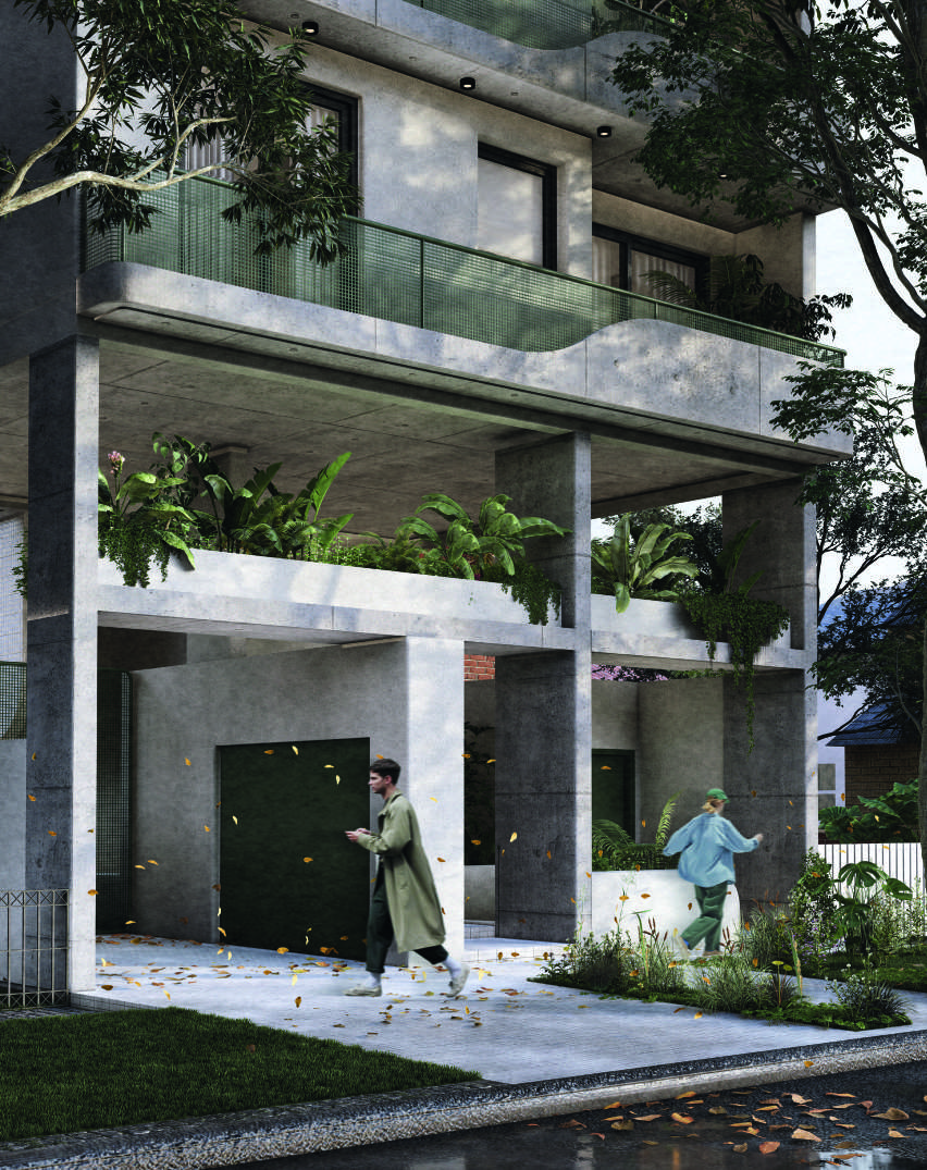 Ingreso del edificio Dos Olivos con expansión verde